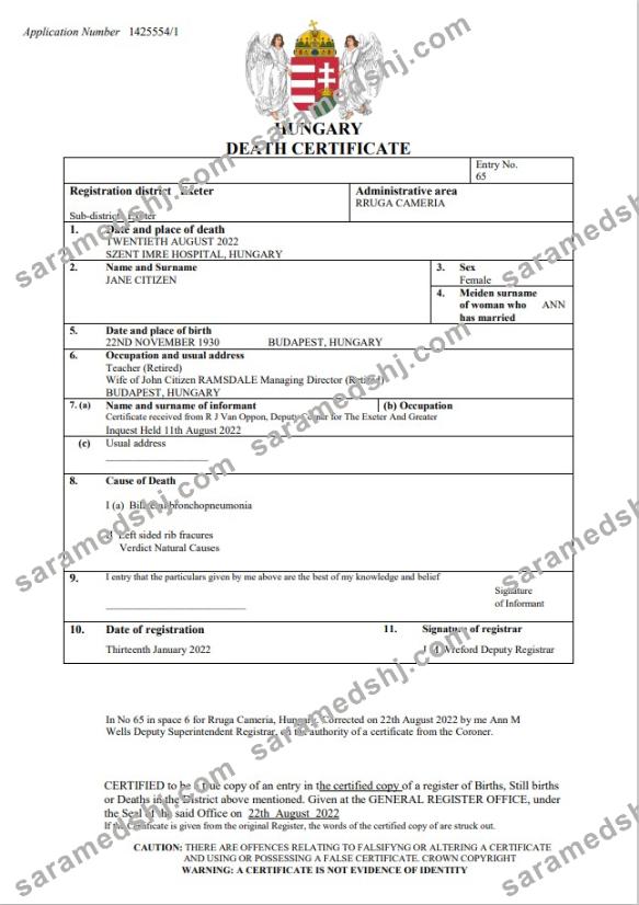 Hungary vital record death certificate Word and PDF templat